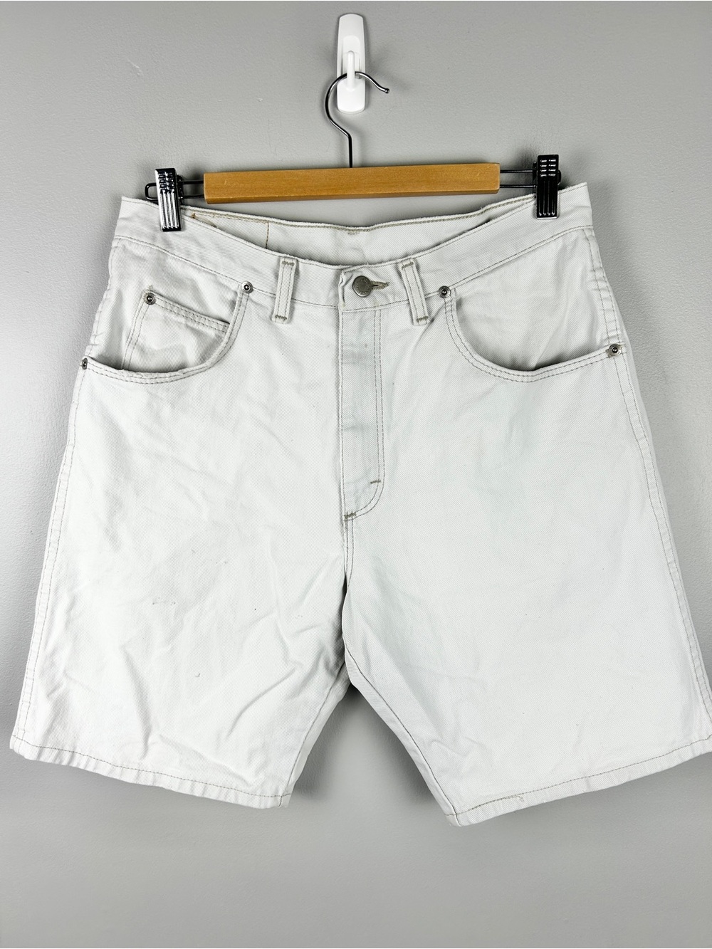 VINTAGE Wrangler Denim Shirts Cream Sz 8‎ Long Bermuda Grunge Distressed Painter